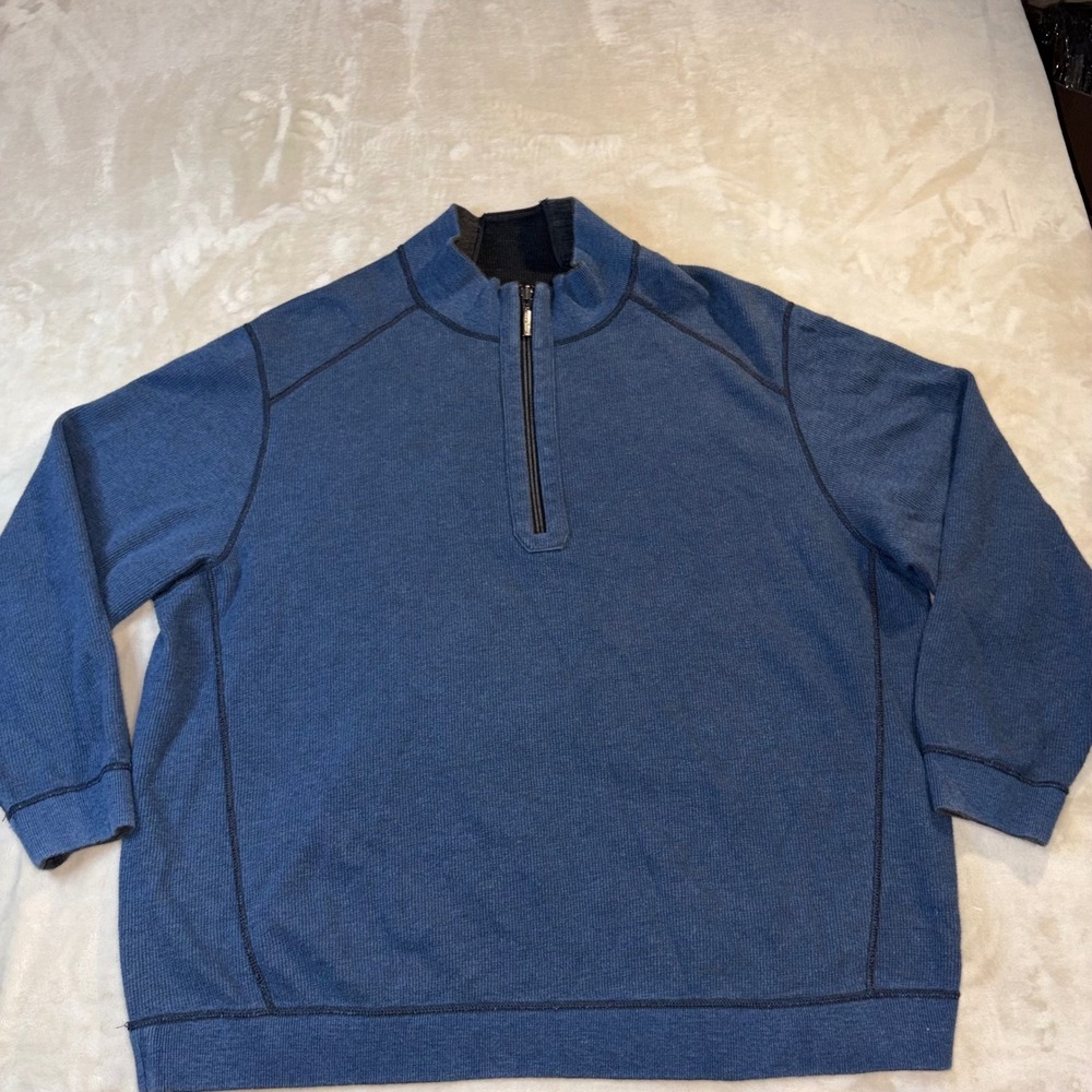 Tommy Bahama Mens Reversible Quarter Zip Pullover Blue Charcoal Gray Ribbed XL